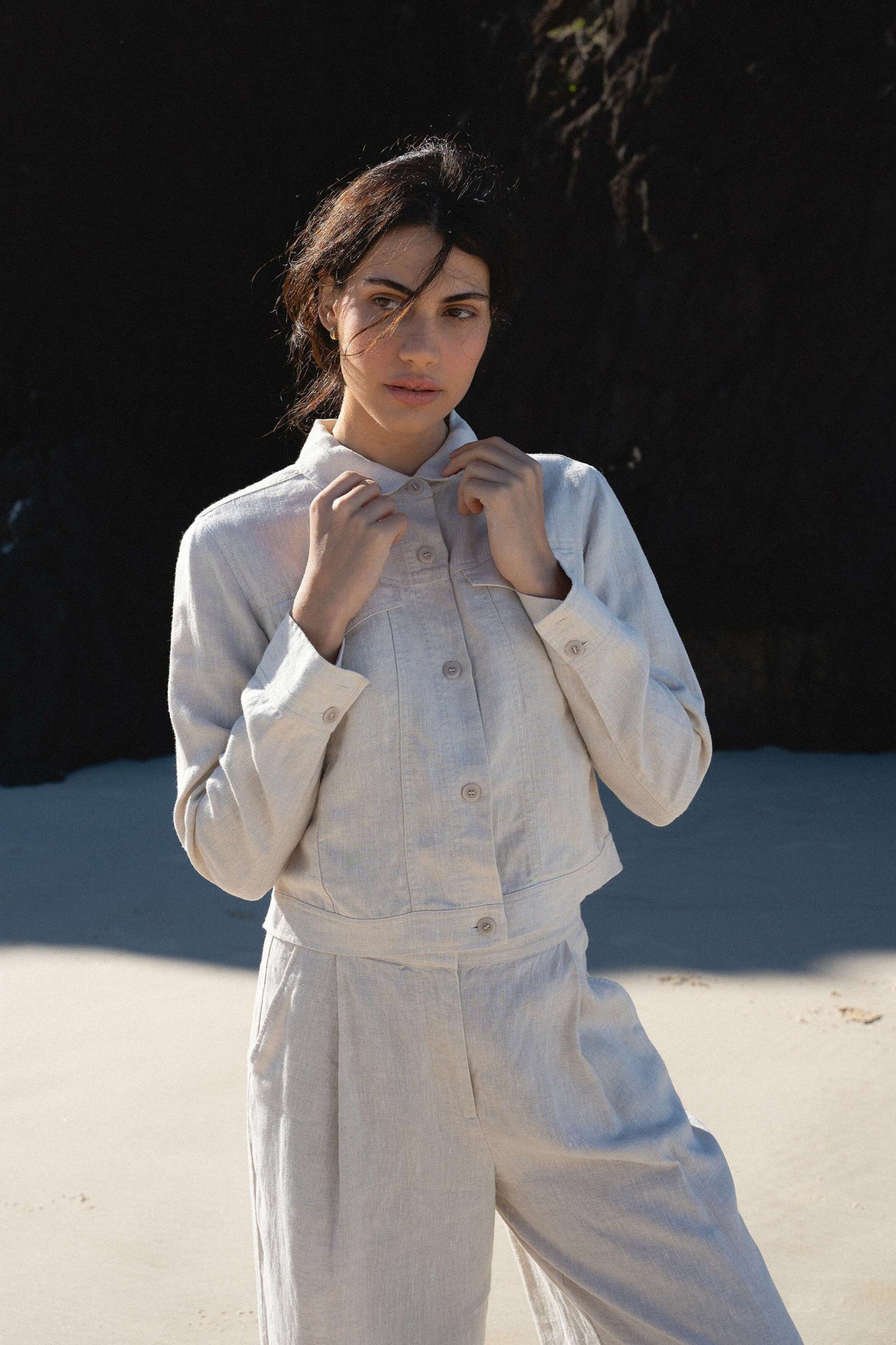 Milly Linen Jacket in Oatmeal - front view standing with oatmeal Oli pants in front of a rock wall - Lilly Pilly Collection