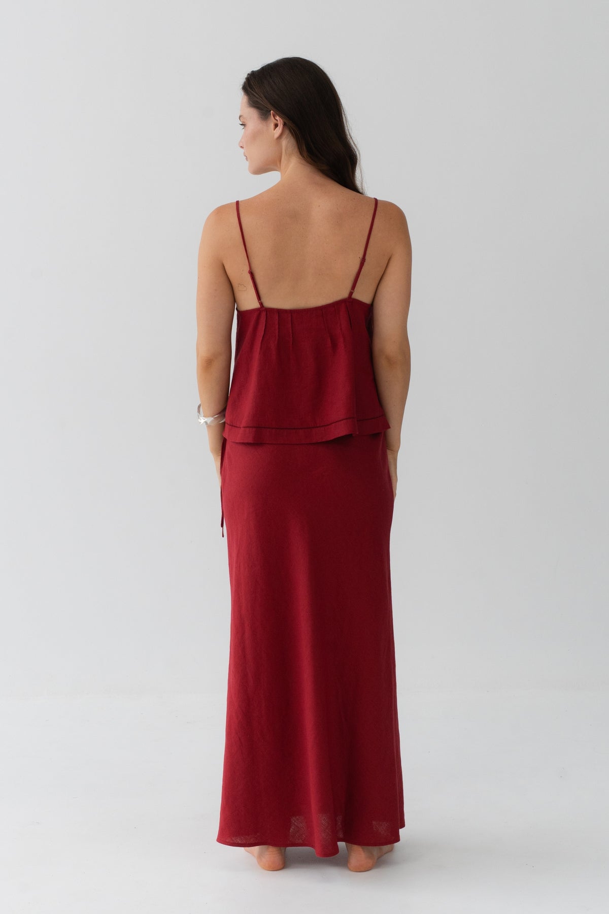 Bea Linen Cami in Cherry Red - back view, spaghetti straps and open back, styled with matching Riley Linen Maxi Skirt - Lilly Pilly Collection