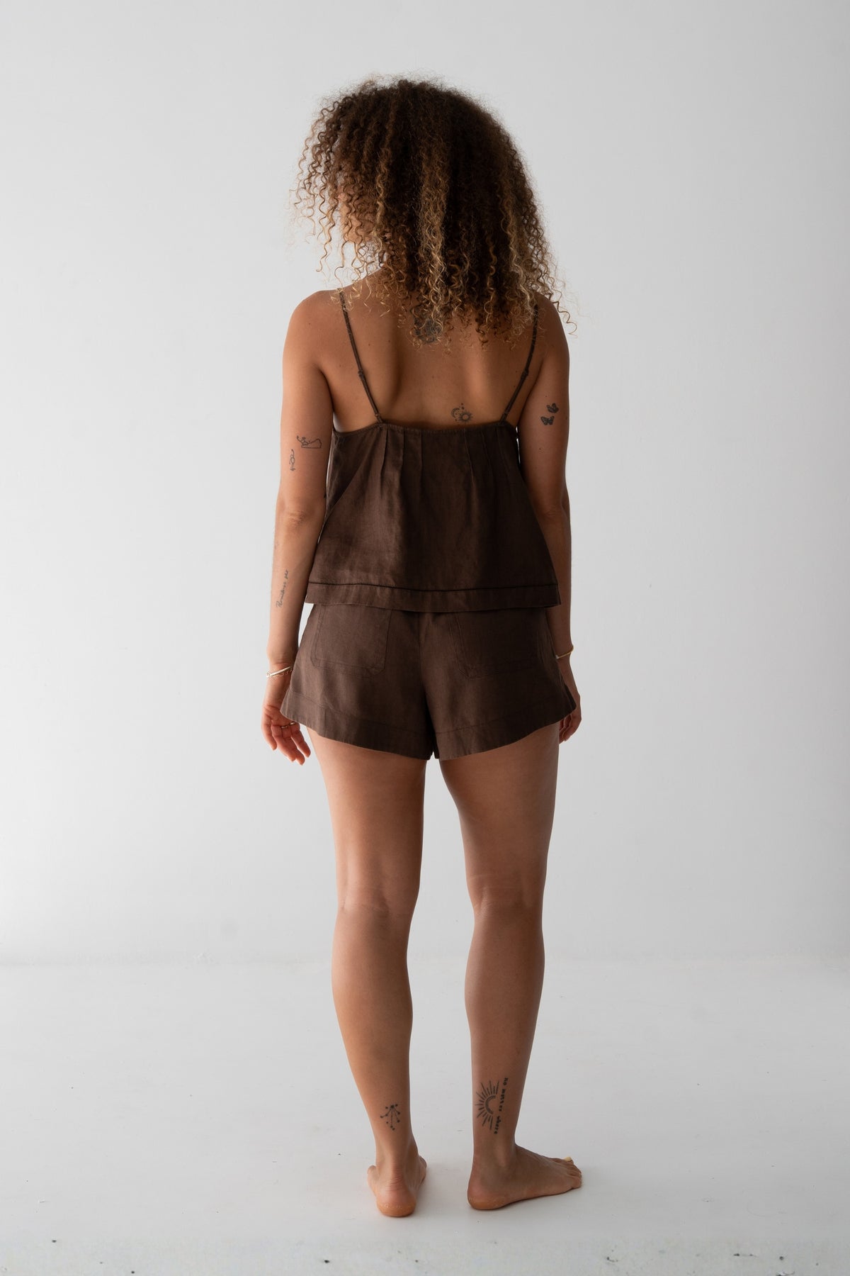 Bea Linen Cami in Chocolate - back view, spaghetti straps and open back, styled with Gaia Linen Shorts in Chocolate - Lilly Pilly Collection
