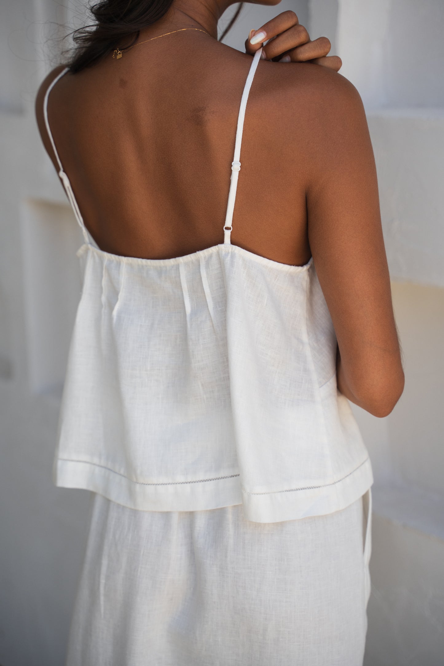 Bea Linen Cami in Ivory - back view, adjustable spaghetti straps and open back - Lilly Pilly Collection