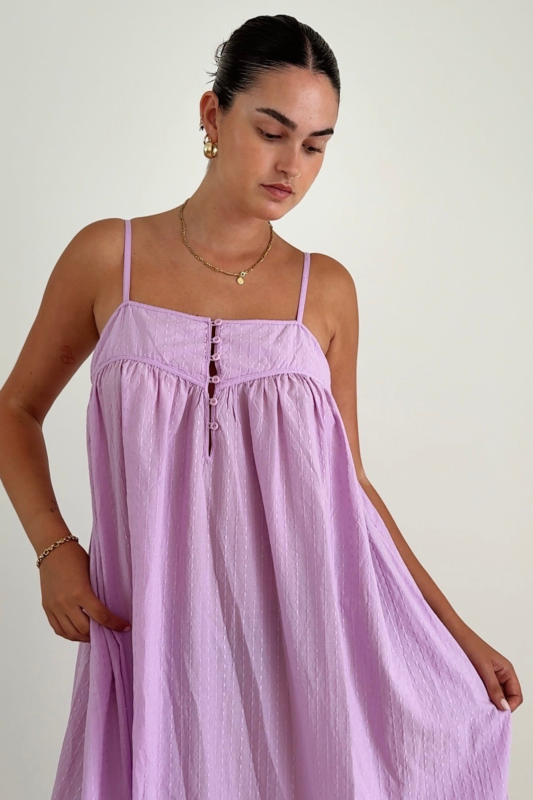 Beatrice Cotton Midi Dress in Orchid - close-up of button-front bodice and striped cotton fabric detail - Lilly Pilly Collection