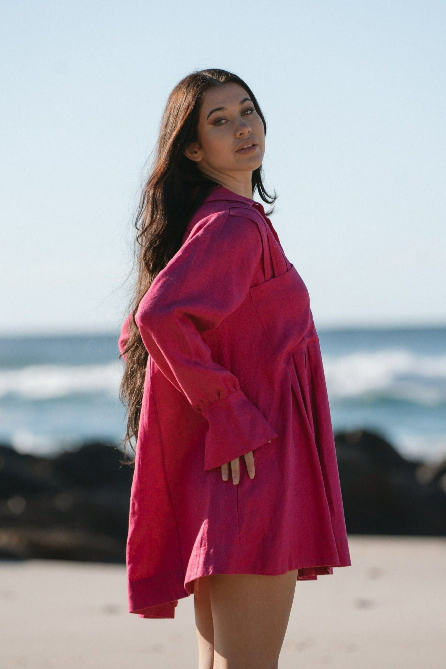 Lilly Pilly Collection 100% organic linen Isabella Shirt Dress in Fuchsia