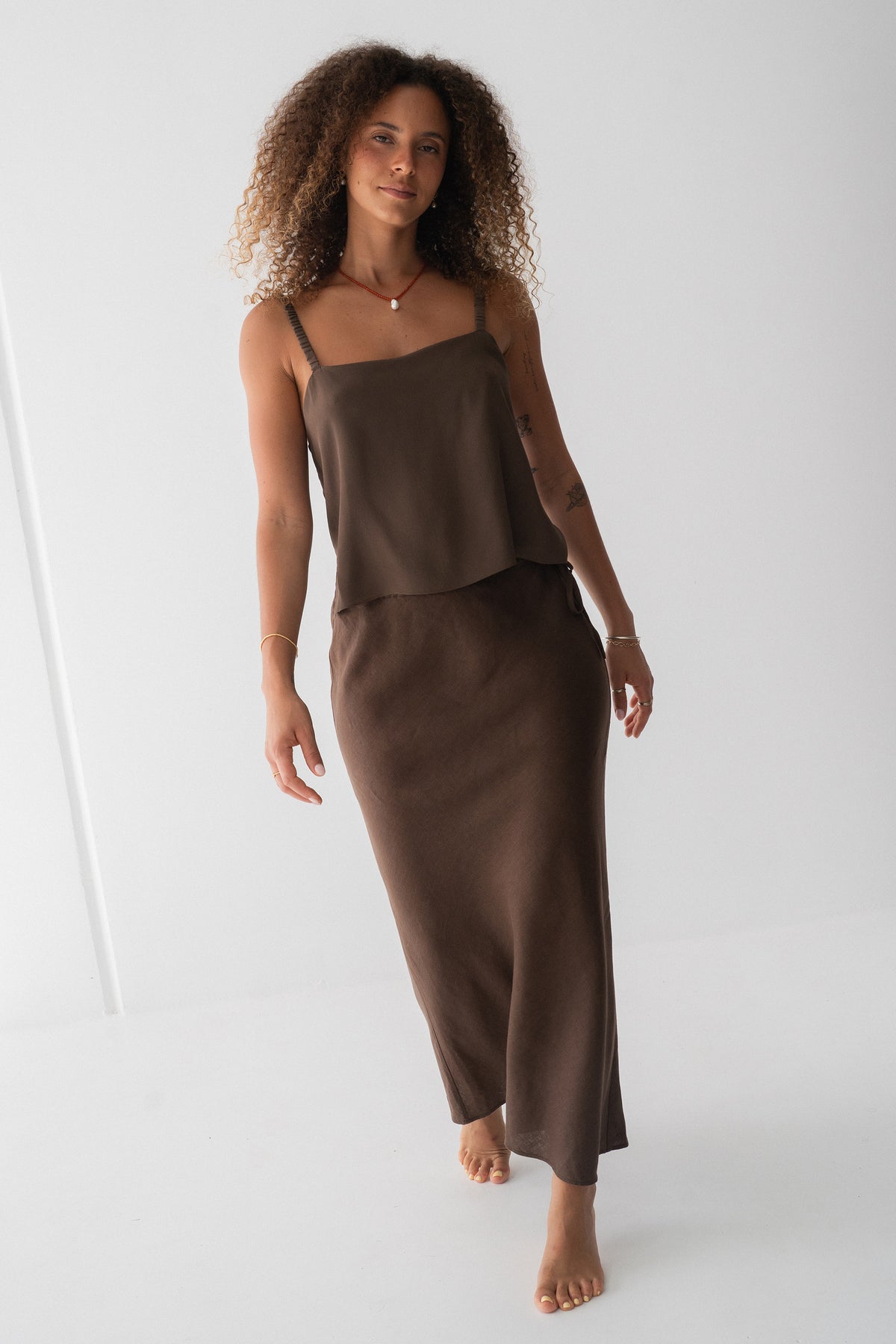 Leni Silk Cami in Chocolate - full length, square neckline and thin straps, worn with Riley Linen Skirt in Chocolate - Lilly Pilly Collection