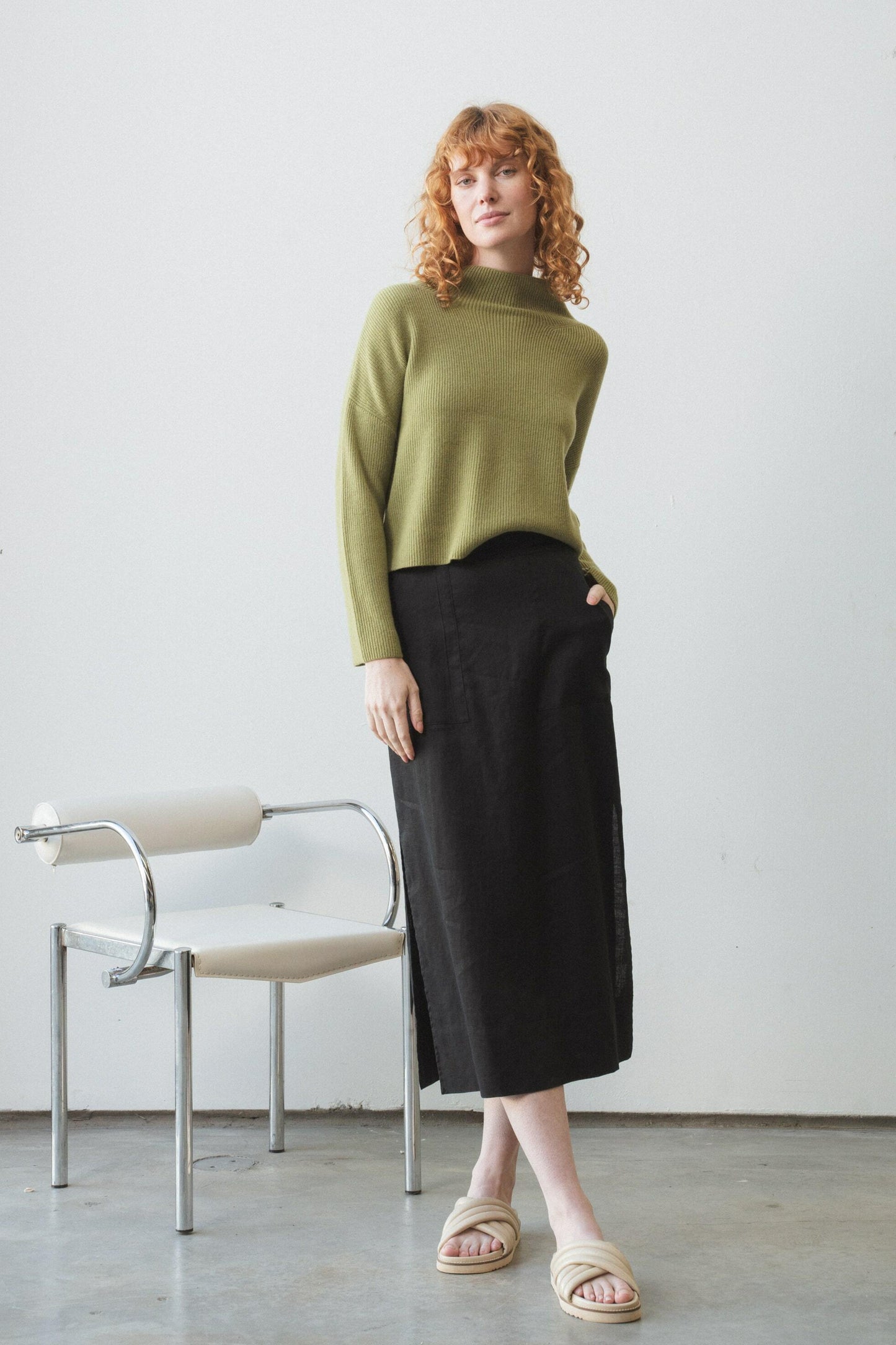 LILLY PILLY Lumi cashmere knit in Olive with Riley black linen skirt