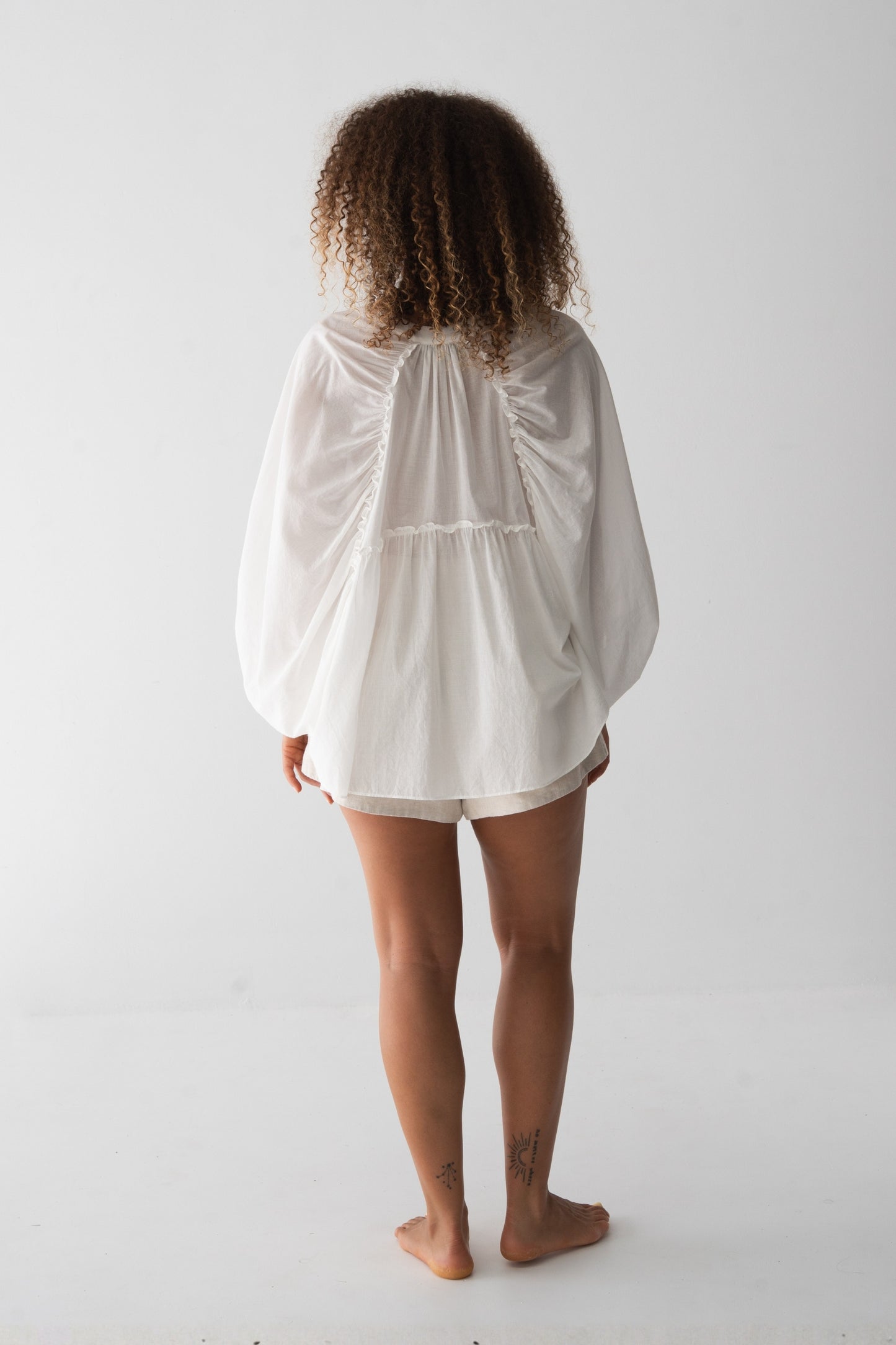 Thalia Cotton Voile Shirt in Ivory - back view, gathered back yoke and balloon sleeves - Lilly Pilly Collection