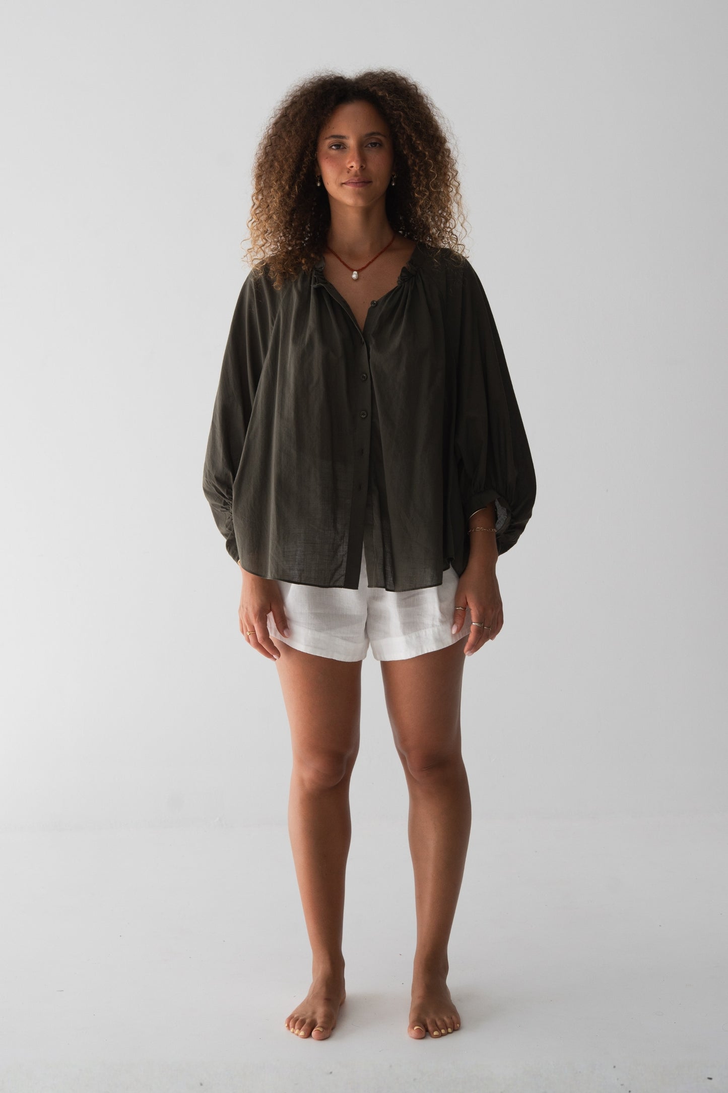 Thalia Cotton Voile Shirt in Khaki - front view, gathered neckline and button-front, balloon sleeves - Lilly Pilly Collection