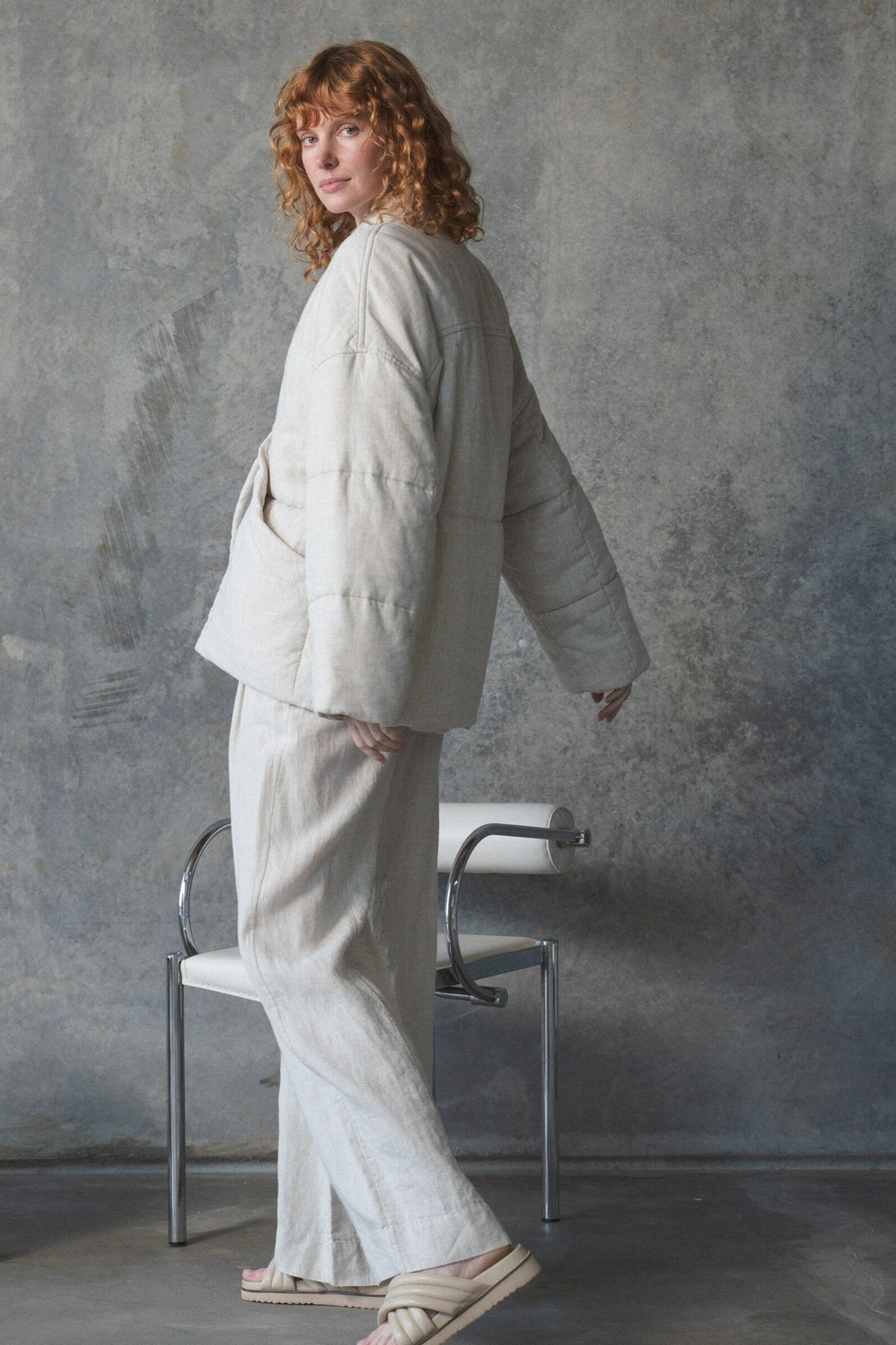 LILLY PILLY Aster linen coat in Oatmeal side full length