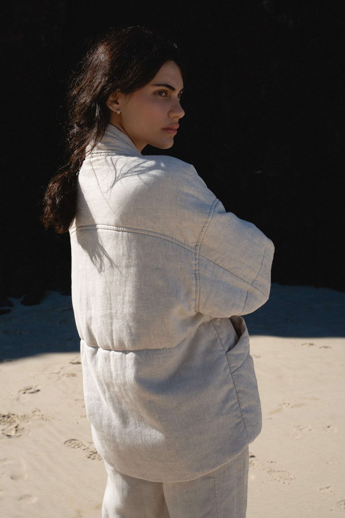 LILLY PILLY Aster linen coat in Oatmeal back view