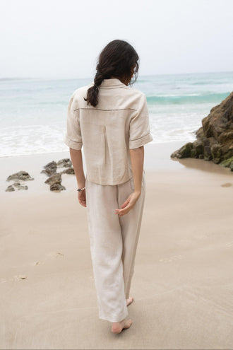 Rika Linen Pants in Chalk White - back view paired with matching Nika shirt - Lilly Pilly Collection