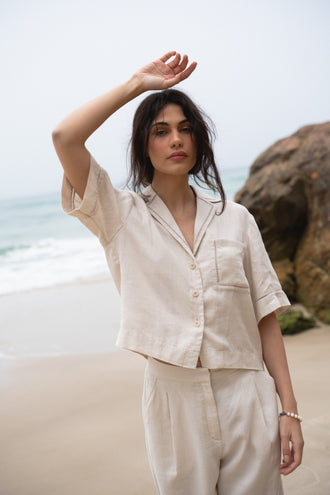Rika Linen Pants in Chalk White - close up front view paired with matching Nika shirt - Lilly Pilly Collection