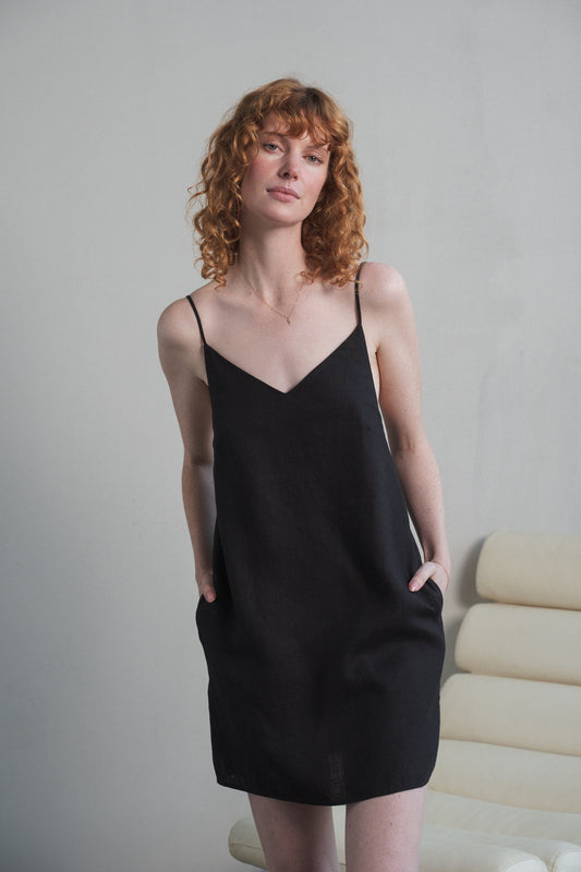 Lilly Pilly Collection 100% organic linen Liz slip dress in Black