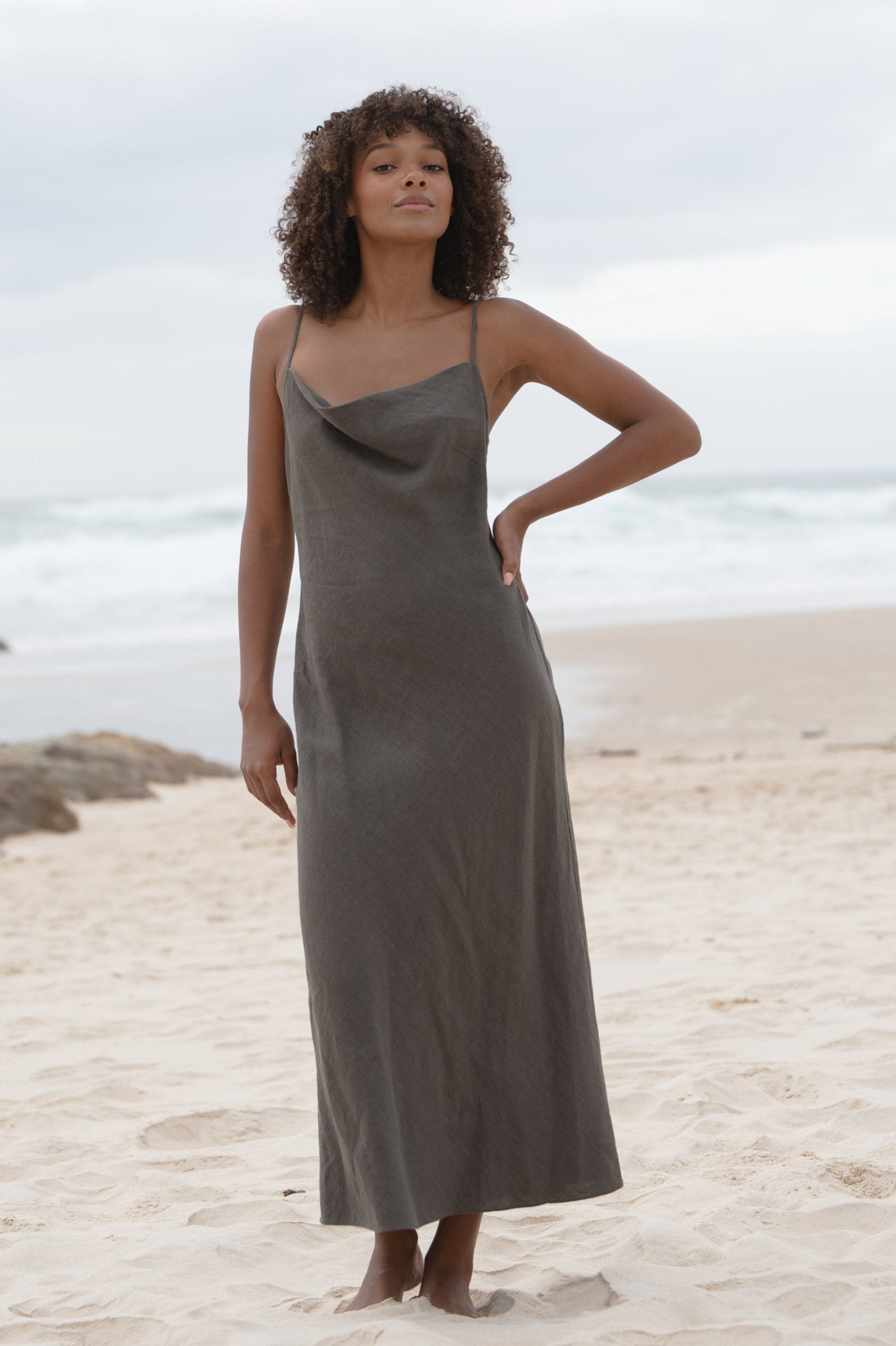 LILLY PILLY Allegria linen dress in Khaki front view on the beach