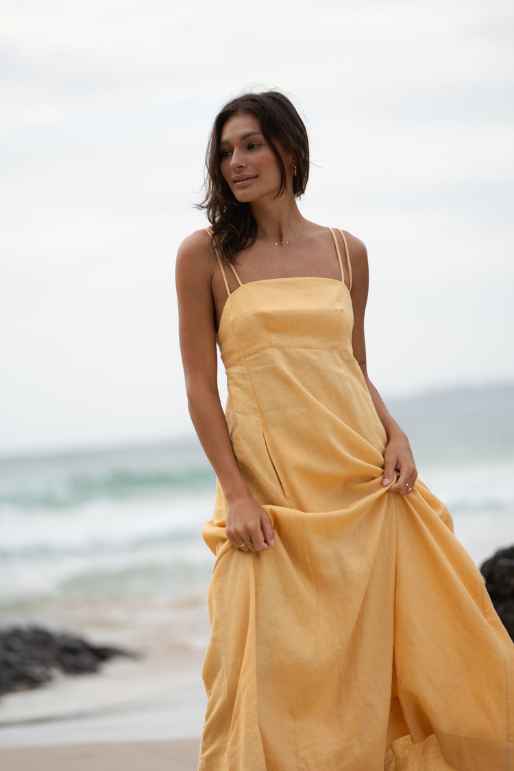 Tori Linen Midi Dress in Butter Yellow - front view - Lilly Pilly Collection
