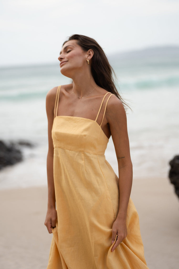 Tori Linen Midi Dress in Butter Yellow - front view - Lilly Pilly Collection