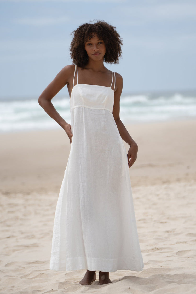 Tori Linen Midi Dress in Ivory - front view - Lilly Pilly Collection