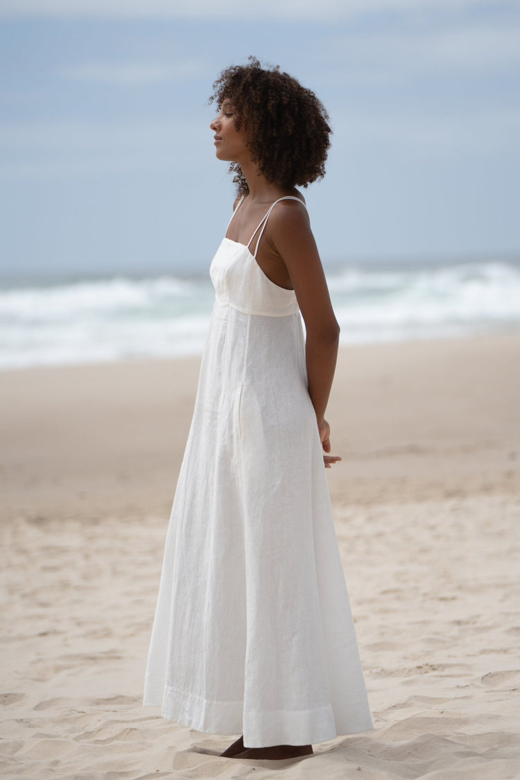 Tori Linen Midi Dress in Ivory - front view - Lilly Pilly Collection