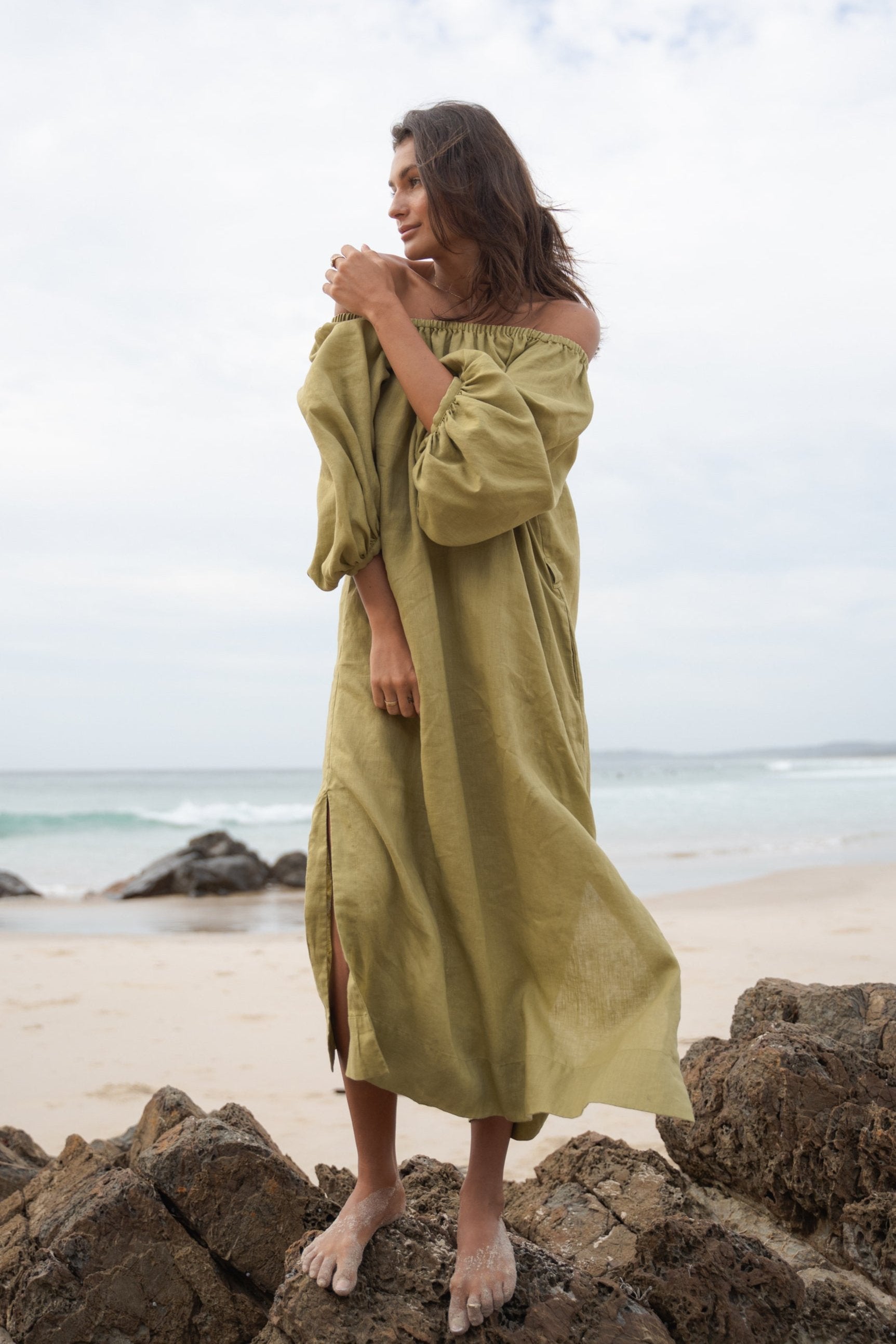 Lucia Olive Linen Dress - European Linen L Lucia Olive Linen Dress - European Linen L