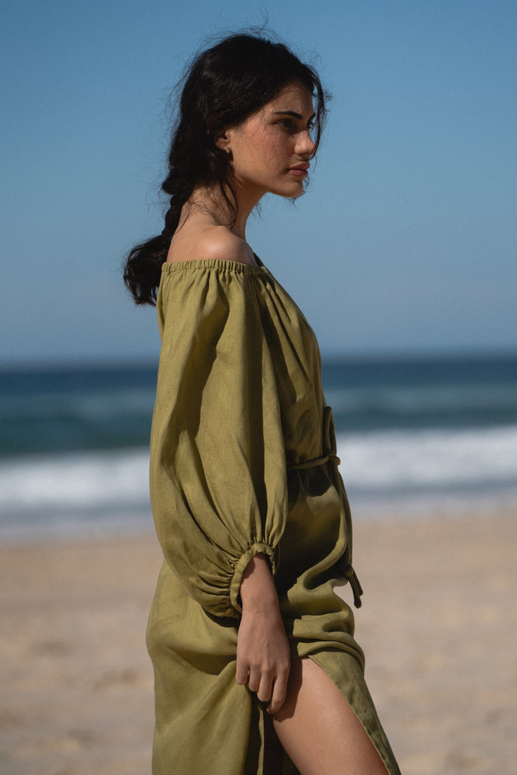 Lucia Linen Midi Dress in Olive - front view - Lilly Pilly Collection