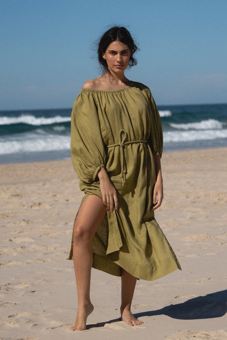 Lucia Linen Midi Dress in Olive - front view - Lilly Pilly Collection