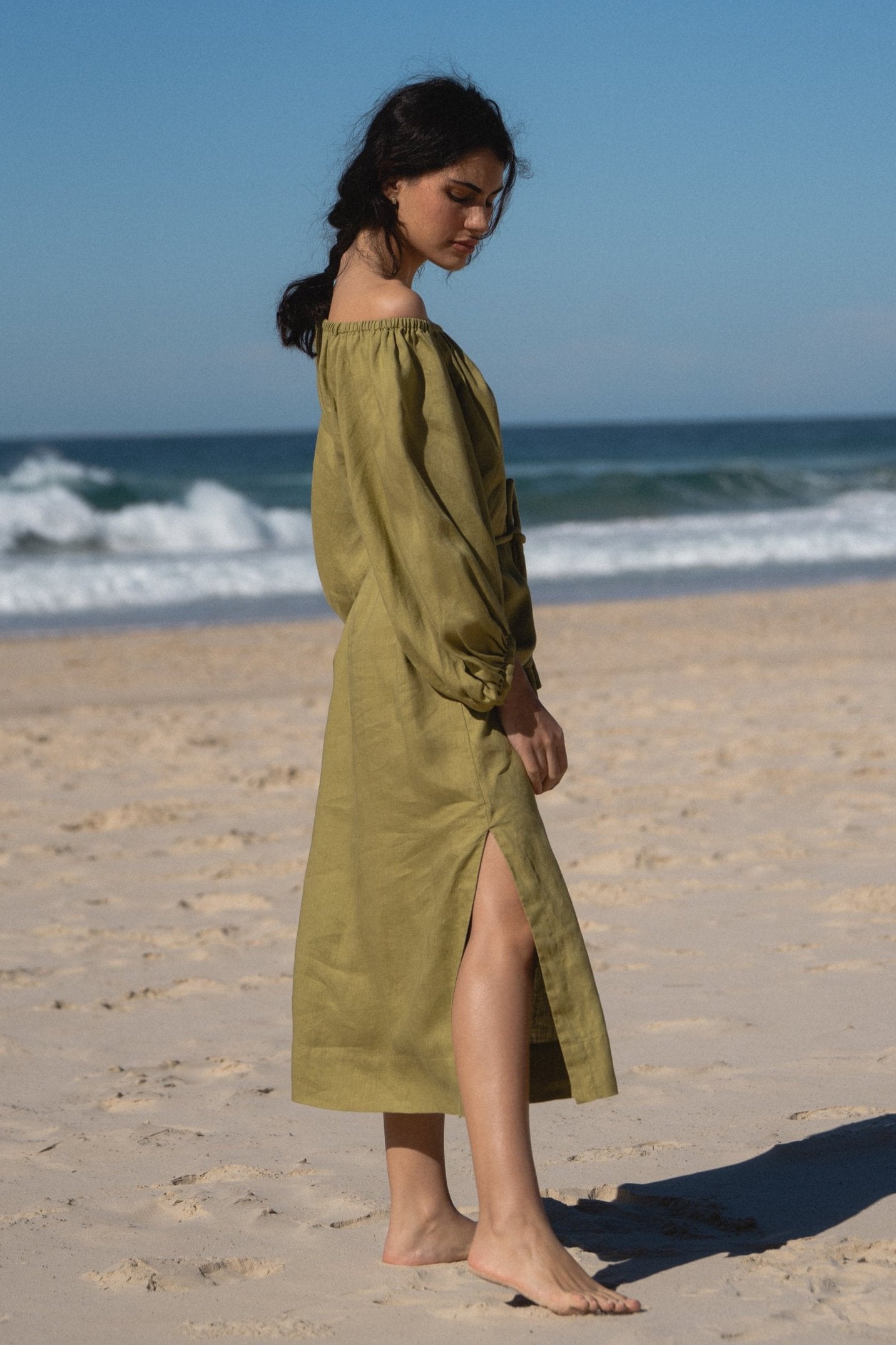 Lucia Linen Midi Dress - Olive