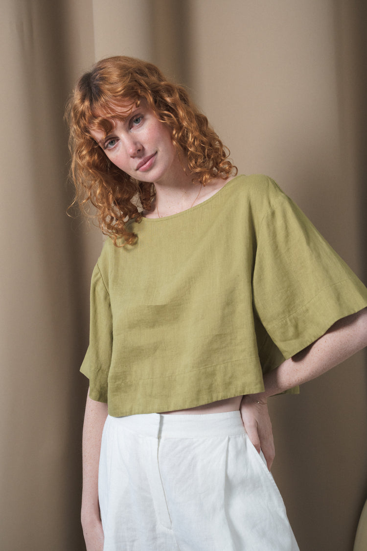 Maya Linen Top in Olive - front view - Lilly Pilly Collection
