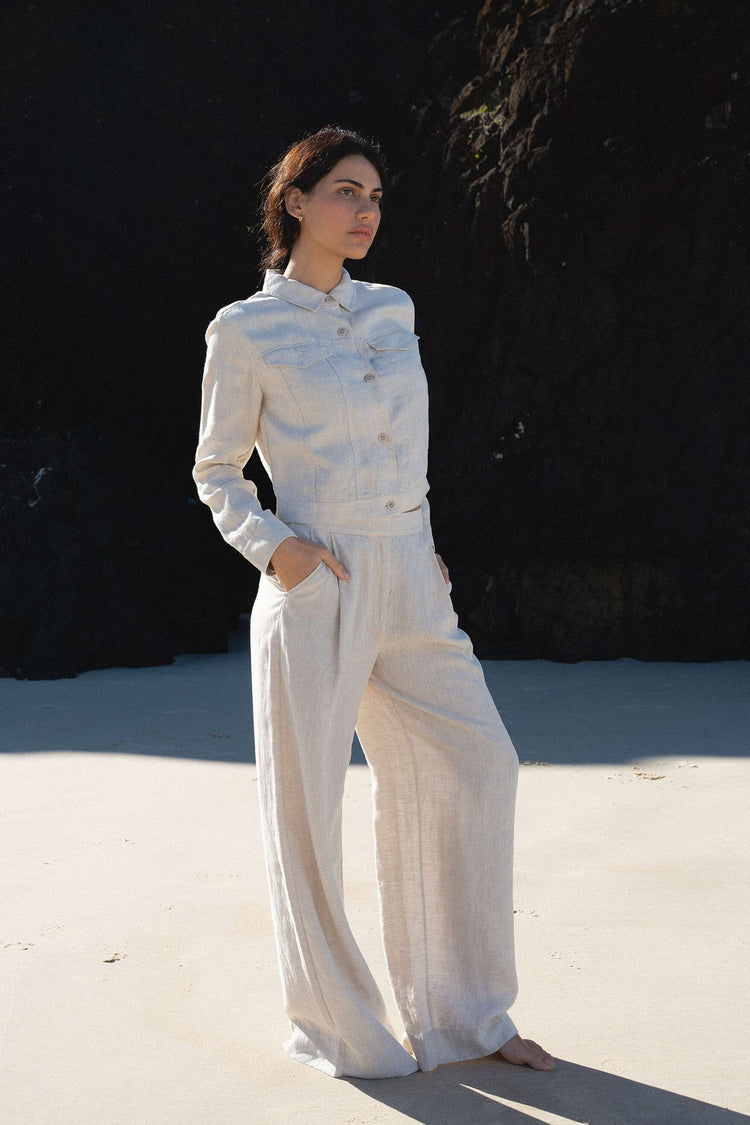 Milly Linen Jacket in Oatmeal - three quarter front view standing with oatmeal Oli pants on a beach - Lilly Pilly Collection