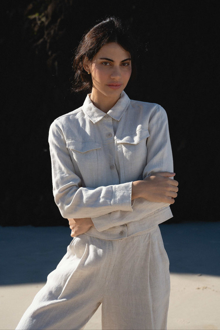 Milly Linen Jacket in Oatmeal - close up front view standing with oatmeal Oli pants on a beach - Lilly Pilly Collection
