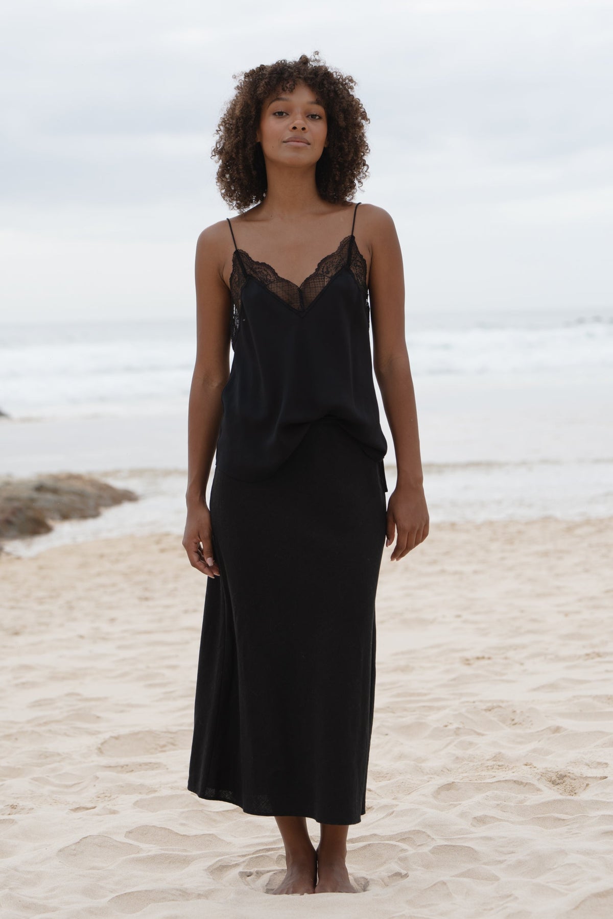 LILLY PILLY Riley linen skirt in Black with Frankie silk cami