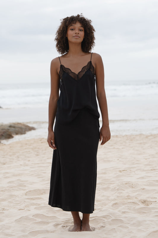 LILLY PILLY Riley linen skirt in Black with Frankie silk cami