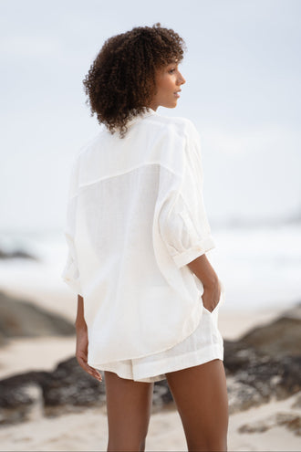 Pixie Linen Shirt in Ivory - back view paired with matching Gaia shorts - Lilly Pilly Collection