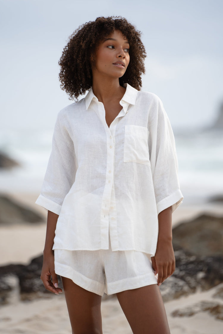 Pixie Linen Shirt in Ivory - front view paired with matching Gaia shorts - Lilly Pilly Collection