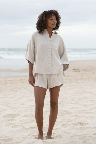 Pixie Linen Shirt in Oatmeal - front view paired with matching Gaia shorts - Lilly Pilly Collection