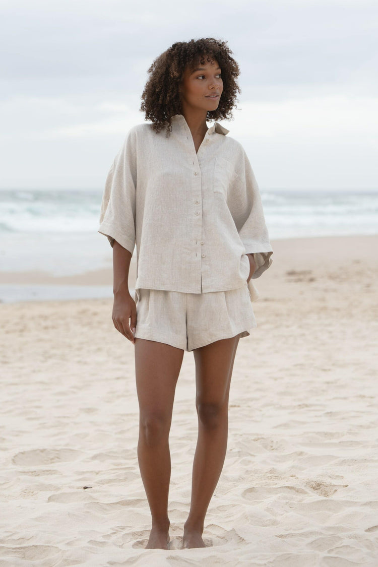 Pixie Linen Shirt in Oatmeal - front view paired with matching Gaia shorts - Lilly Pilly Collection