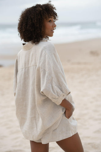 Pixie Linen Shirt in Oatmeal - side close up view paired with matching Gaia shorts - Lilly Pilly Collection