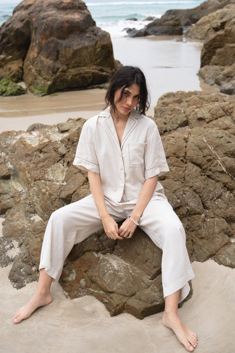 Rika Linen Pants in Chalk White - front view paired with matching Nika shirt - Lilly Pilly Collection