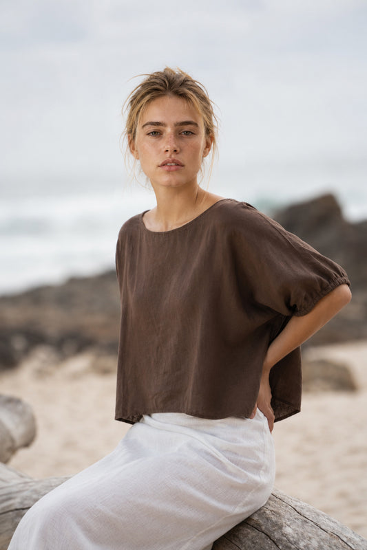 Tina Chocolate Linen Top