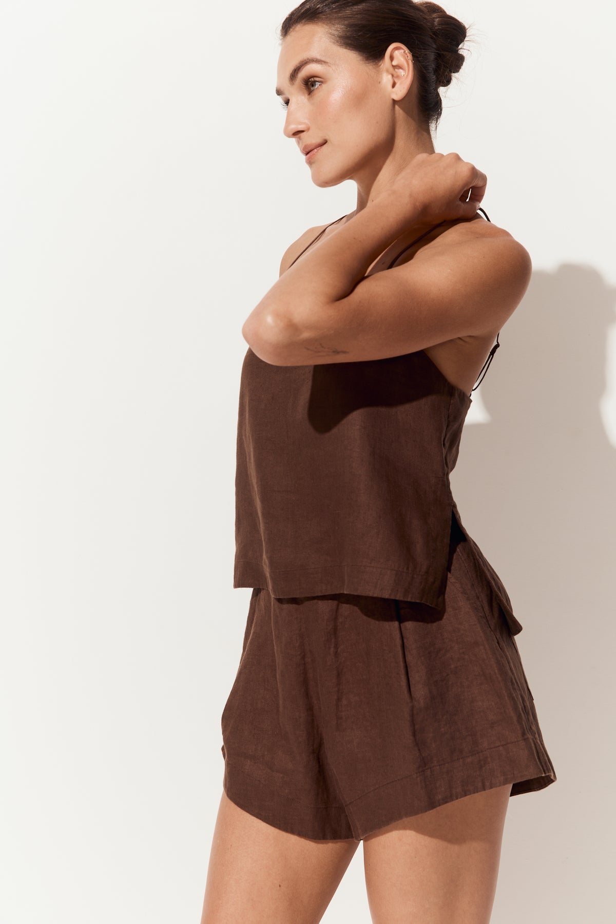 Gaia Linen Shorts in Chocolate - side view, with matching chocolate linen Rosa camisole - Lilly Pilly Collection