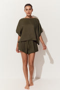 Gaia Linen Shorts in Khaki - full front view with matching Tina linen top - Lilly Pilly Collection