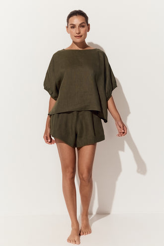 Gaia Linen Shorts in Khaki - full front view with matching Tina linen top - Lilly Pilly Collection