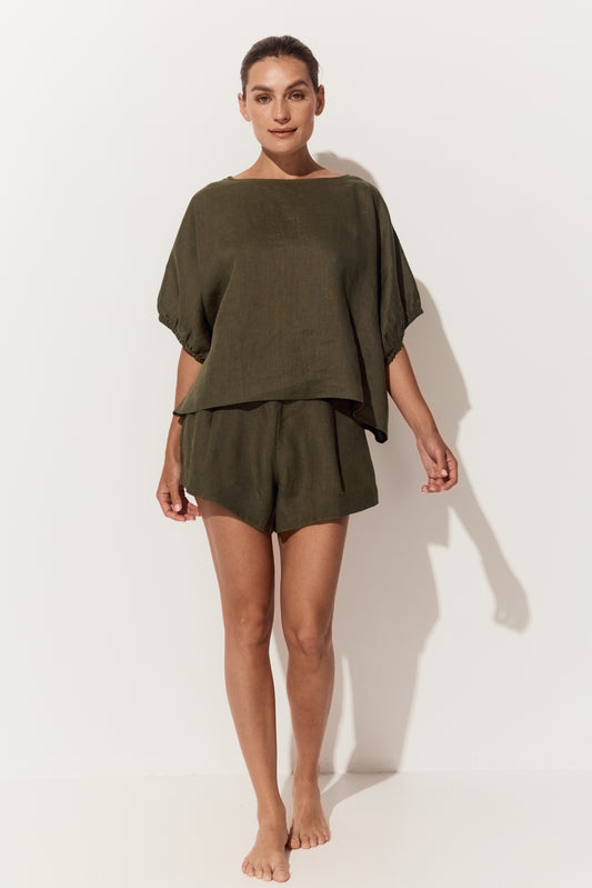Gaia Linen Shorts in Khaki - full front view with matching Tina linen top - Lilly Pilly Collection