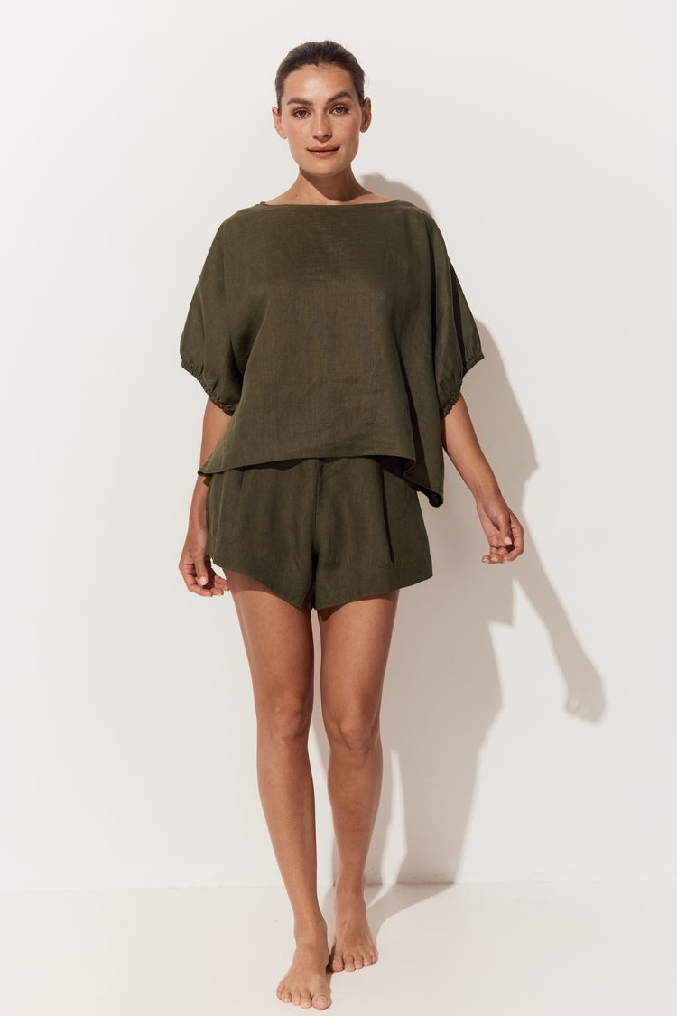 Gaia Linen Shorts in Khaki - full front view with matching Tina linen top - Lilly Pilly Collection