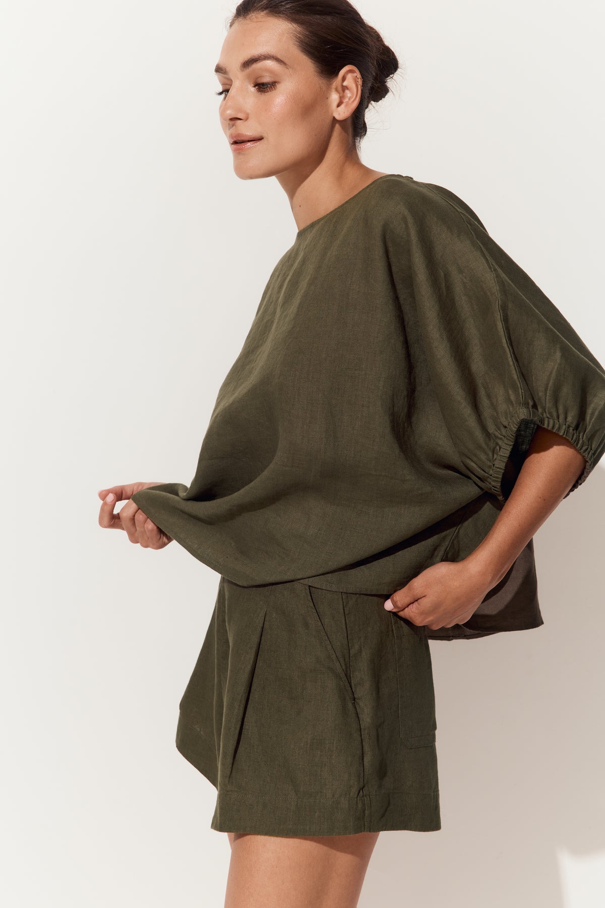 Gaia Linen Shorts in Khaki - side view with matching Tina linen top - Lilly Pilly Collection