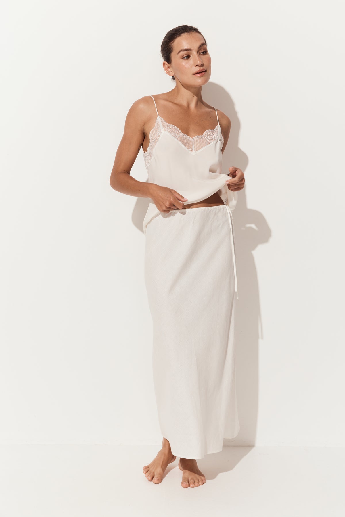 Riley Bias Linen Midi Skirt in Ivory - full length, bias-cut midi length, with matching Frankie cami - Lilly Pilly Collection
