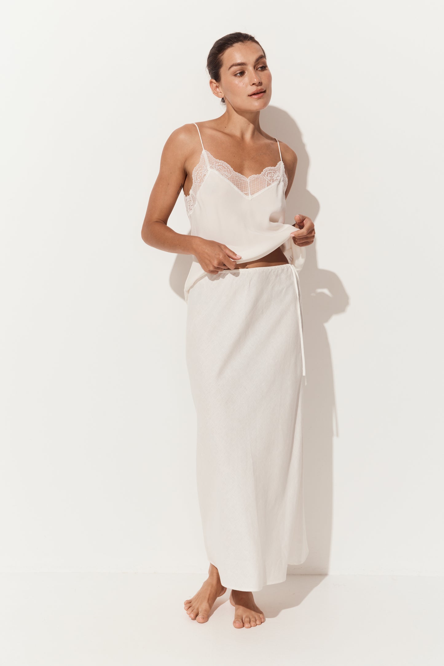 Riley Bias Linen Midi Skirt in Ivory - full length, bias-cut midi length, with matching Frankie cami - Lilly Pilly Collection