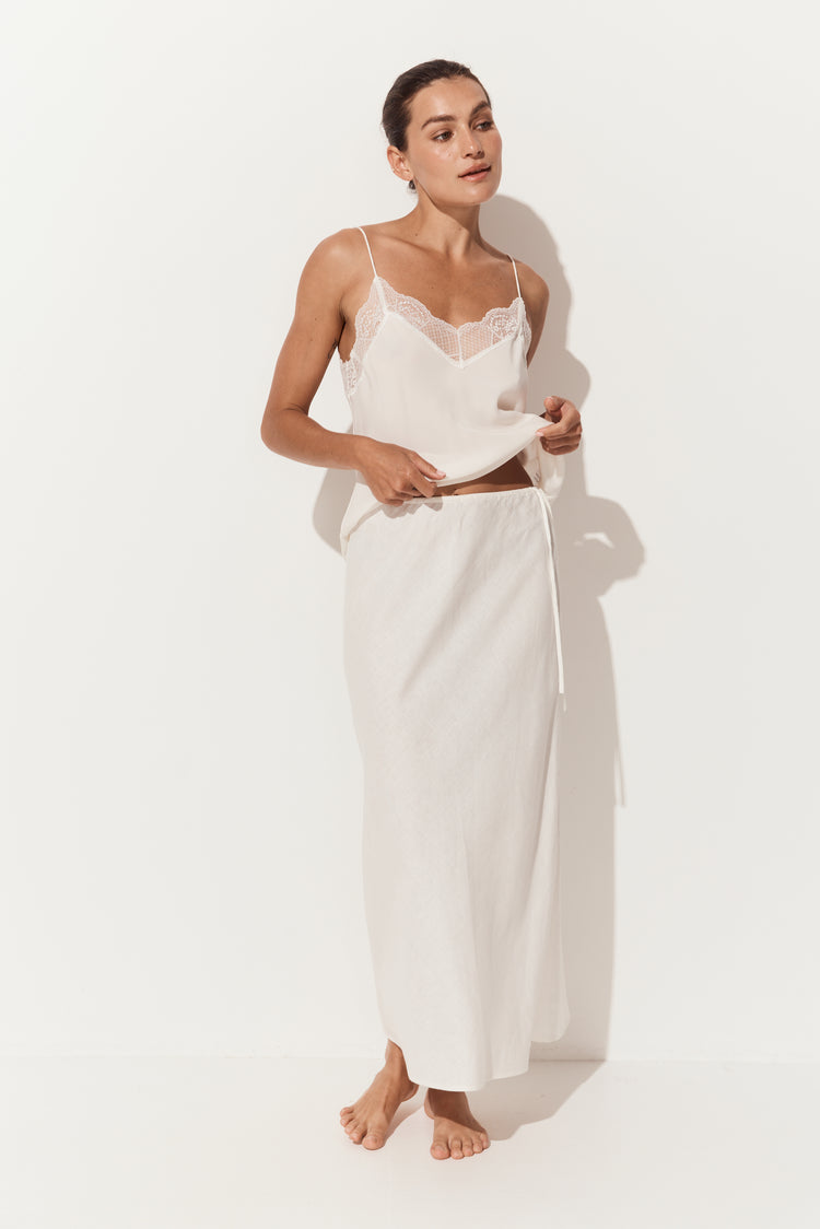 Riley Bias Linen Midi Skirt in Ivory - full length, bias-cut midi length, with matching Frankie cami - Lilly Pilly Collection
