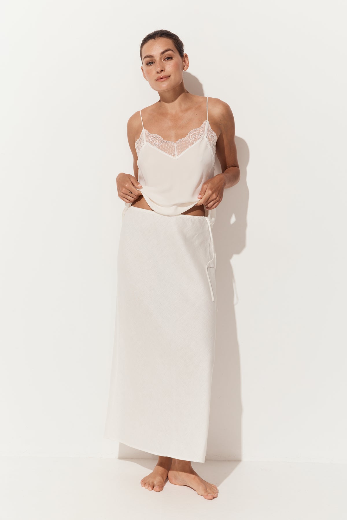 Riley Bias Linen Midi Skirt in Ivory - full length front view, bias-cut midi length, with matching Frankie cami - Lilly Pilly Collection