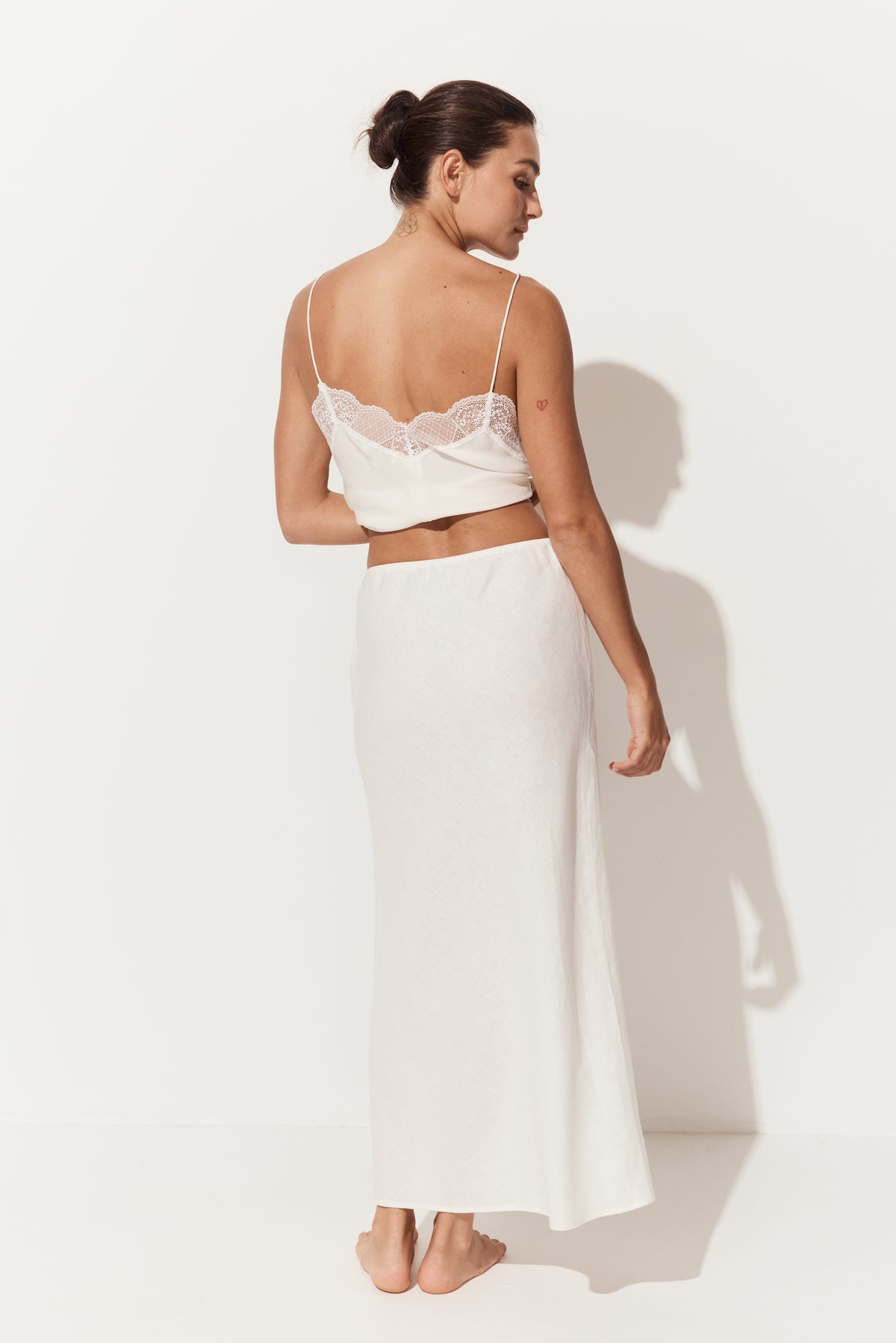 Riley Bias Linen Midi Skirt in Ivory - back view, bias-cut midi length, with matching Frankie cami - Lilly Pilly Collection