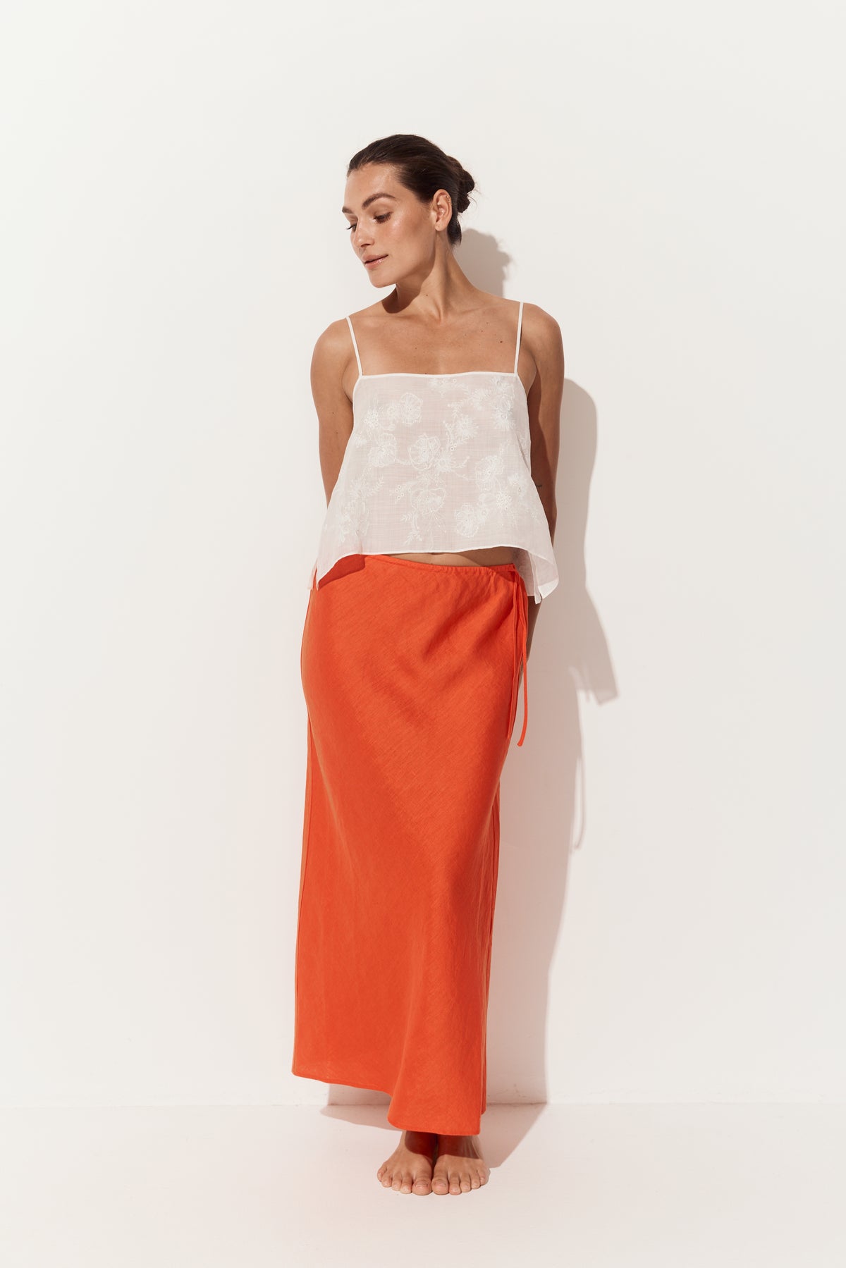 Riley Bias Linen Midi Skirt - Spritz Orange