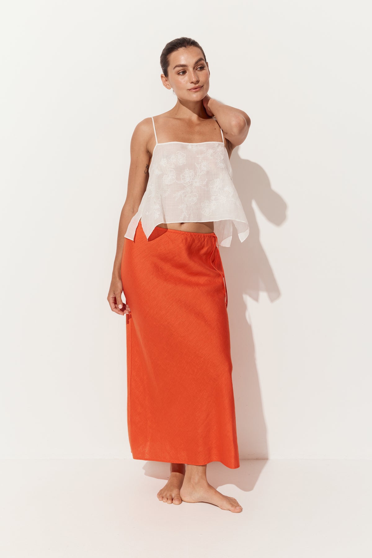 Riley Bias Linen Midi Skirt - Spritz Orange
