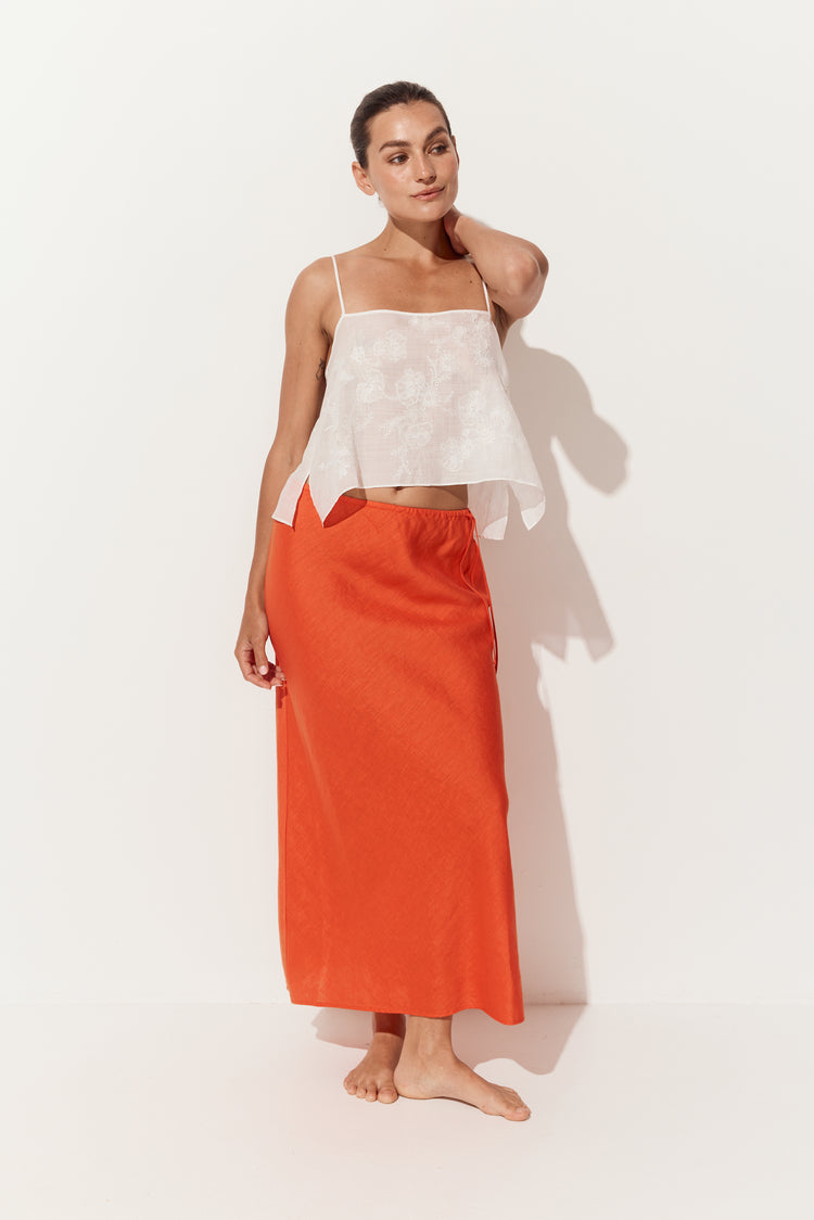 Riley Linen Midi Skirt in Spritz Orange - three quarter view paired with Flora ramie cami - Lilly Pilly Collection